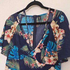 SHEIN Curve Tropical Floral Romper Navy Blue Hawaiian Print  Plus Size